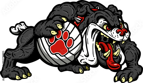 full body bulldog mascot holding volleyball for school, college or league sports
