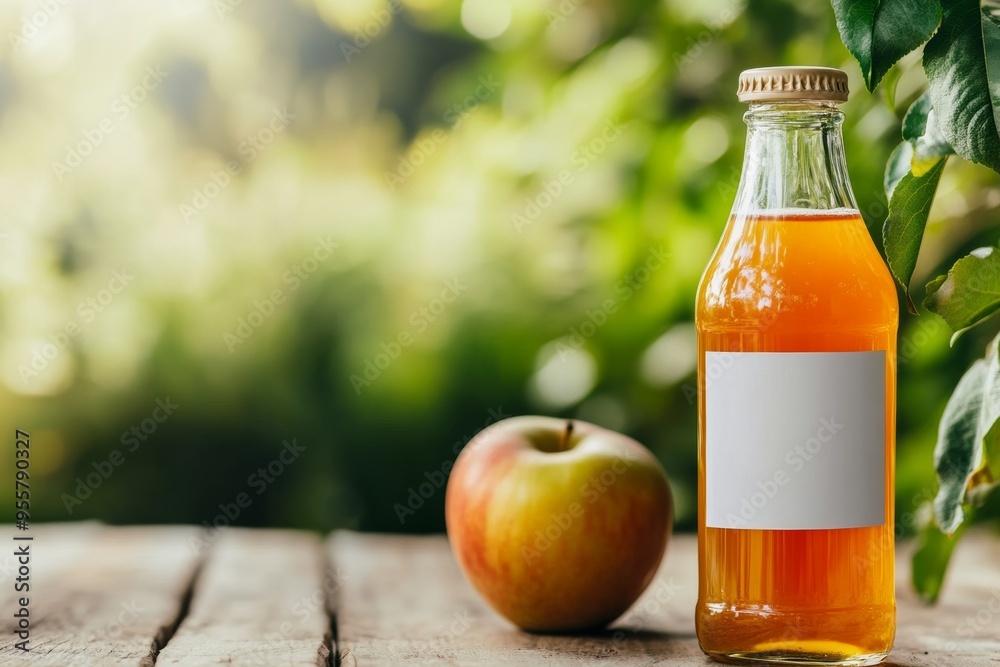 Sunlit apple juice bottle beside a fresh apple on a rustic wooden table Sunlit apple juice bottle beside a fresh apple on a rustic wooden table
