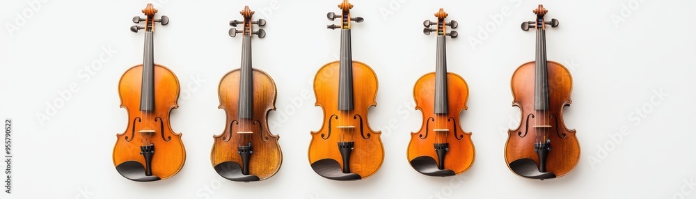 Fototapeta premium A collection of five beautifully crafted violins showcased in a row, highlighting their unique colors and craftsmanship.