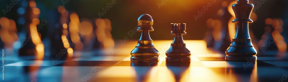 A close-up view of chess pieces illuminated by warm light, showcasing strategy and focus in a game of intellect. A close-up view of chess pieces illuminated by warm light, showcasing strategy and focus in a game of intellect.