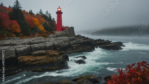 Red lighthouse on the rocks, fall landscape, waves crushing on the shore  photo