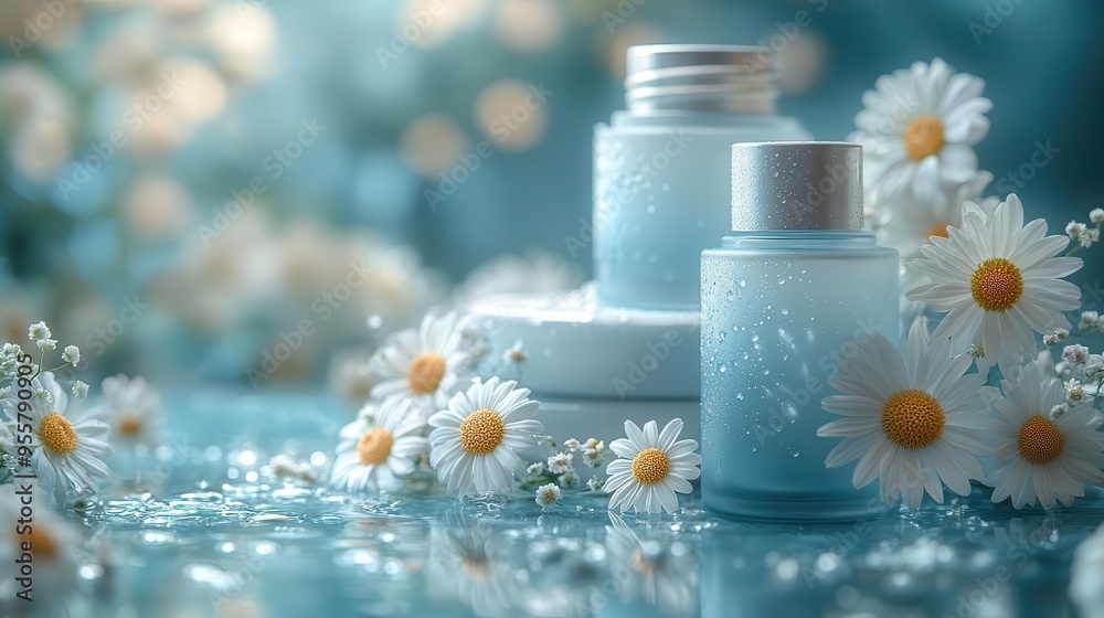 ethereal skincare still life frosted glass bottles delicate chamomile blooms dewy droplets soft blue backdrop luxury spa ambiance