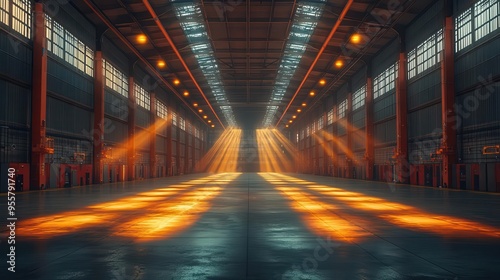 expansive industrial warehouse interior dramatic shadows and light beams high ceilings empty space with endless possibilities moody atmospheric perspective