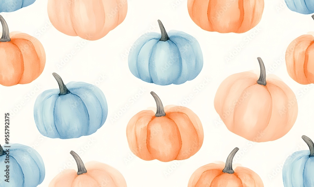 Seamless pattern of pumpkins in blue and orange tones on a light background, Generative AI Seamless pattern of pumpkins in blue and orange tones on a light background, Generative AI
