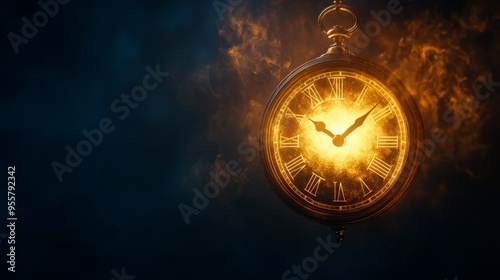 A vintage pocket watch glows with an ethereal golden light against a dark background.
