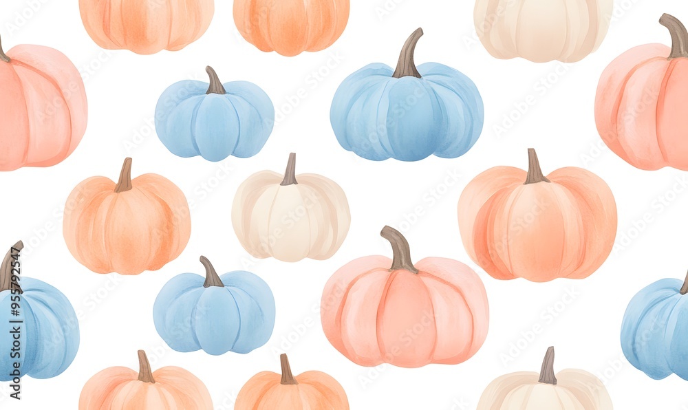Seamless pattern of pumpkins in blue and orange tones on a light background, Generative AI Seamless pattern of pumpkins in blue and orange tones on a light background, Generative AI