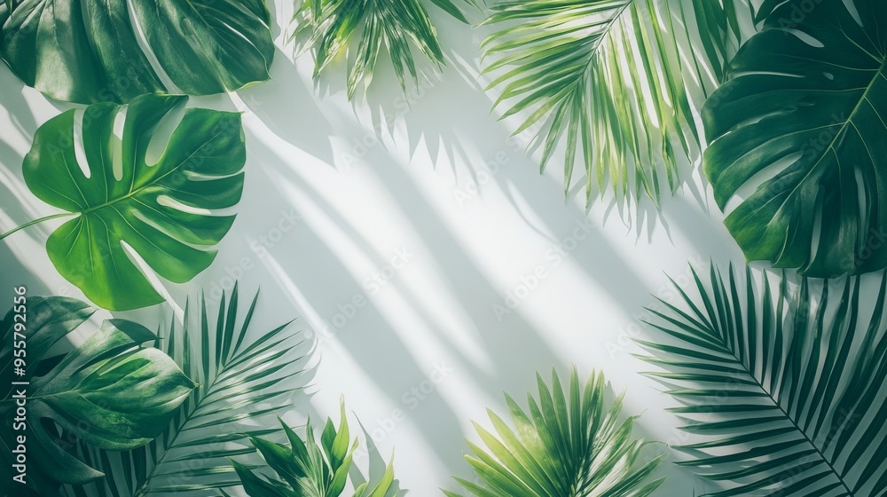 Tropical Leaves with Sunlight and Shadows on a White Background Tropical Leaves with Sunlight and Shadows on a White Background