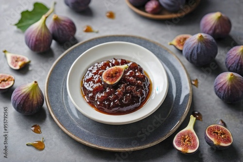 Fig Jam: A plain white dish containing a dollop of fig jam