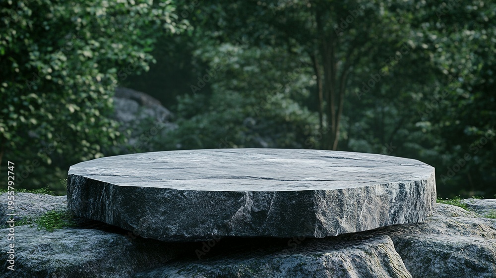 Fototapeta premium Stone Platform in a Lush Green Forest