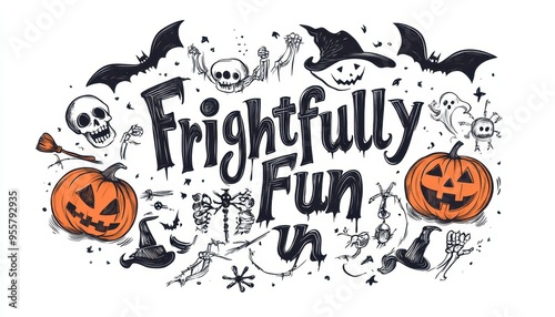 Frightfully Fun Halloween Illustration with Pumpkins, Bats, and Skeletons photo