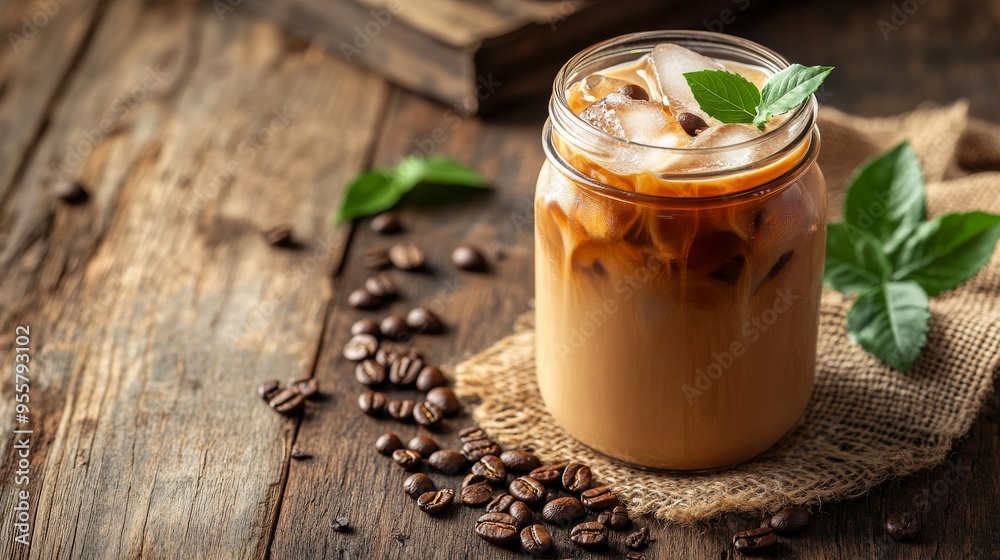 Iced coffee in a glass jar with ice cubes and a sprig of mint Iced coffee in a glass jar with ice cubes and a sprig of mint