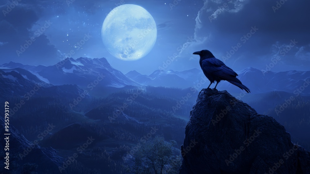 Fototapeta premium image of a large, medium-sized crow on high hills at night 