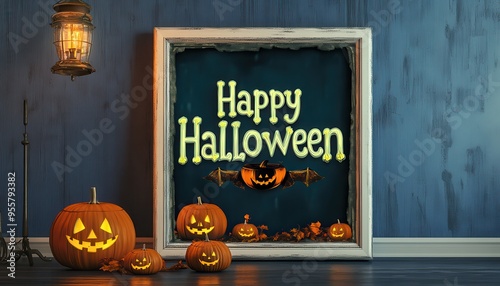 Jack-o'-lantern pumpkins with a Halloween sign in a vintage frame photo