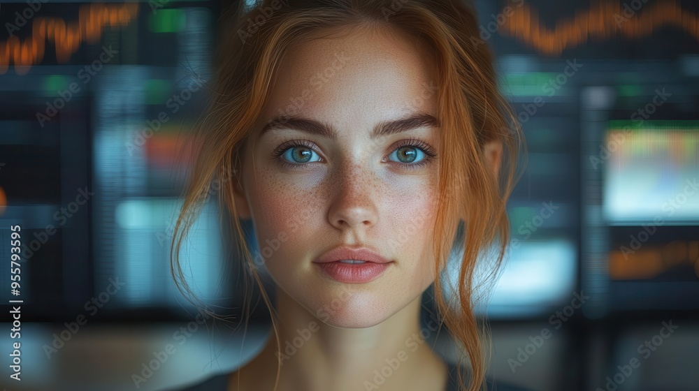 female financial analyst in modern office setting multiple computer screens displaying market data focused expression corporate attire techdriven workspace