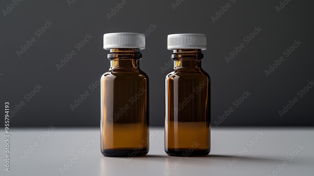 Two medical vials. Pharmaceutical concept Two medical vials. Pharmaceutical concept