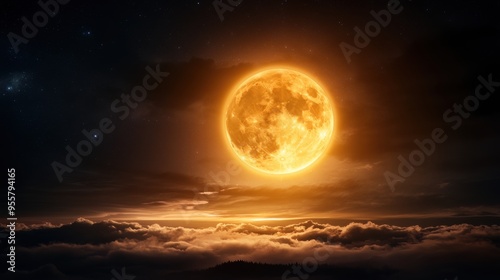 Full Moon Rising Over Cloudscape With Stars