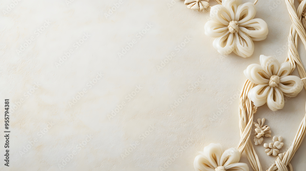 Elegant minimalist background showcasing handmade decorations with intricate knots and loops, set against a clean and neutral surface. Elegant minimalist background showcasing handmade decorations with intricate knots and loops, set against a clean and neutral surface.