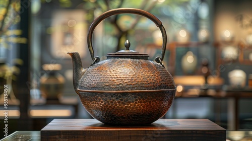 Large traditional Japanese kettle used in tea ceremonies for heating water, usually made of copper.