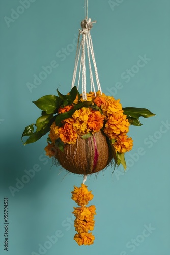 Worship pot Kalash with orange marigold flowers on blue background. Durga puja. Happy Diwali, Akshaya Tritiya, Navratri, Dhanteras. Shubh Labh Pancham.  Ugadi or Gudi Padwa Indian hindu festival photo