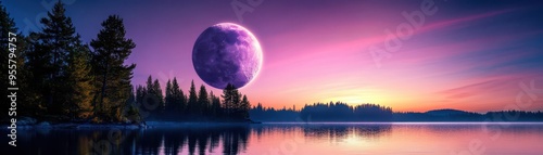 Pink Sunset with Moon and Forest Reflection in Calm Lake