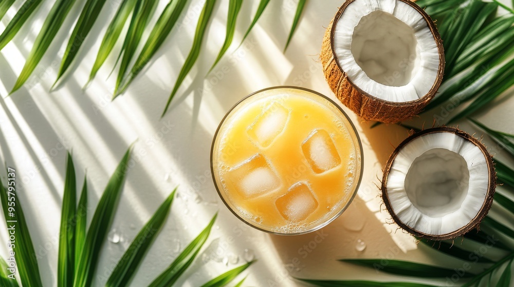 Coconut Water with Ice and Palm Leaves Coconut Water with Ice and Palm Leaves