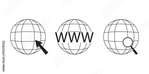 Set of website or web page icon vector. Containing online, network, internet, cyberspace, browser, site, connect, click button, connection, net, searching, globe