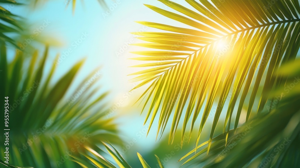 Obraz premium Palm Leaf Backlit by Sunlight with a Blurred Background
