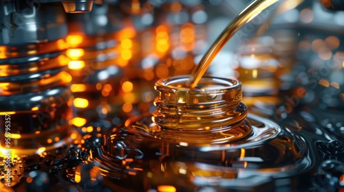 Engine in oil drop,3 D Render