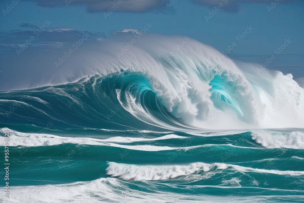 Fototapeta premium Giant Ocean Swells and Turbulent Waves in Clear Blue Waters