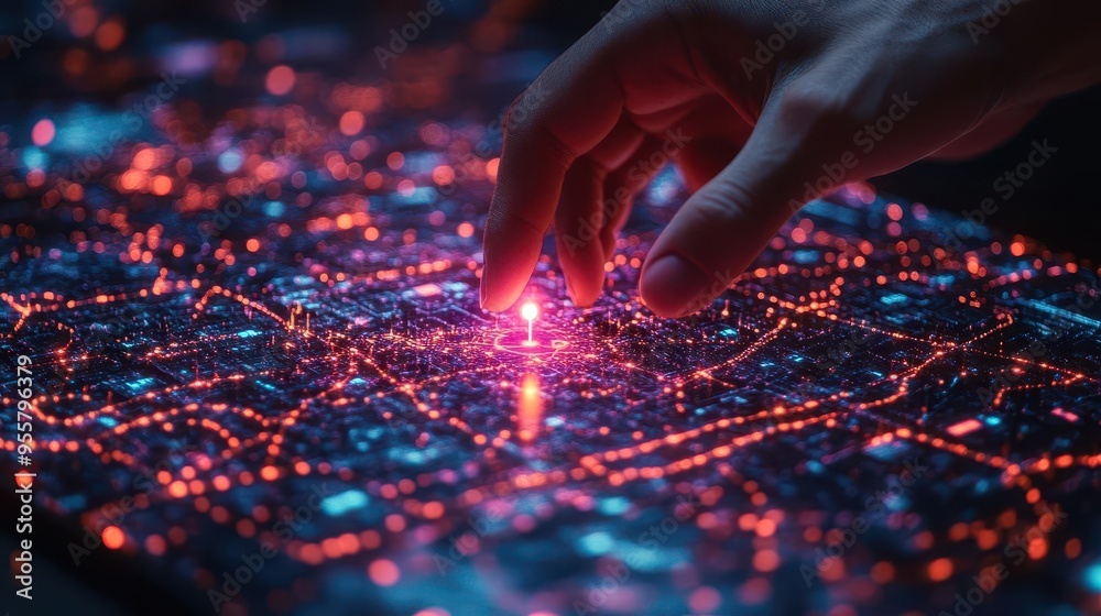 futuristic digital hand placing pins on holographic map innovative gps technology concept blending ai and transportation logistics futuristic digital hand placing pins on holographic map innovative gps technology concept blending ai and transportation logistics