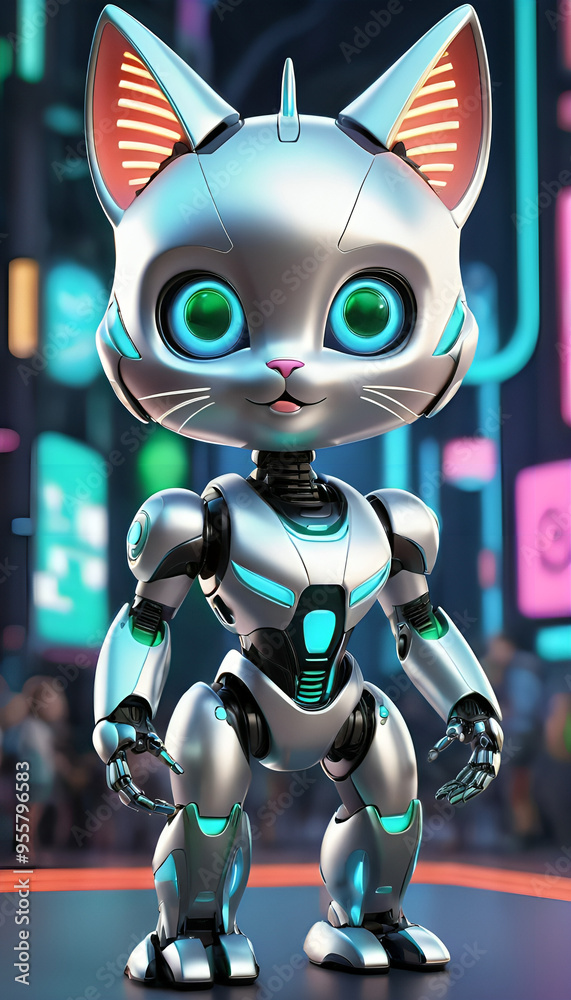 Stylish silver robot cat with glowing blue-green eyes in a futuristic world, calm pose with neon glow Stylish silver robot cat with glowing blue-green eyes in a futuristic world, calm pose with neon glow