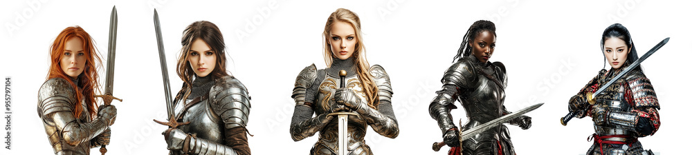 Set of diverse knight women isolated on transparent background. Set of diverse knight women isolated on transparent background.