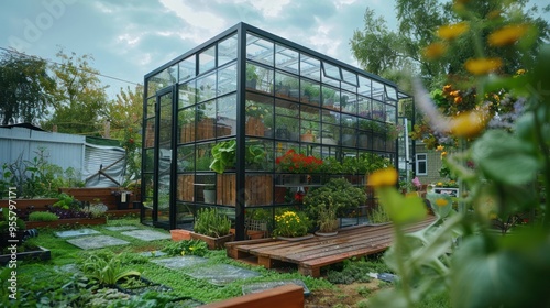 Greenhouse in the garden cube shape. Compact long greenhouse for growing flowers, vegetables, seedlings of various plants. Gardening. Beautiful glass building house in the yard. generative AI Content.