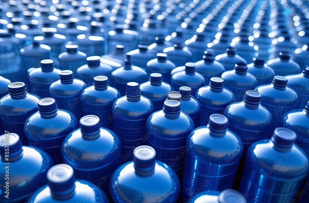Rows of azure plastic water bottles, filled with light blue liquid Rows of azure plastic water bottles, filled with light blue liquid