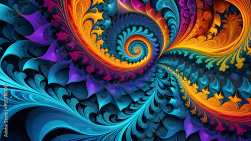 abstract background, Colorful swirling fractal design with blue, orange, and purple tones creating a mesmerizing visual effect in abstract art