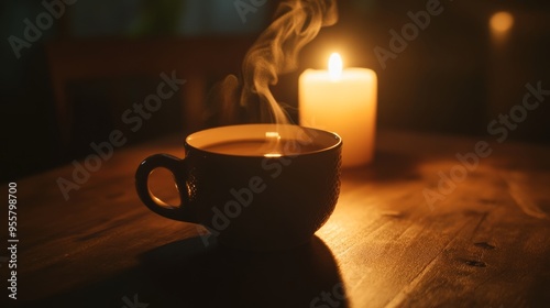 A cup of hot coffee with the steam gently lit by candlelight. Coffee in a dark room, creating a cozy feeling.