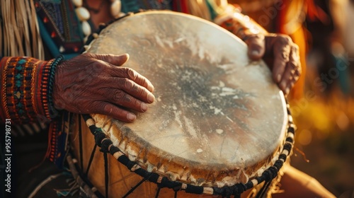 Large drums are traditional American musical instruments used in Powwow events of Native tribes, often made of wood and animal skins.