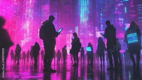 Individuals are intently engaging with their smartphones, surrounded by digital numbers, conveying a profound sense of isolation. Generative AI