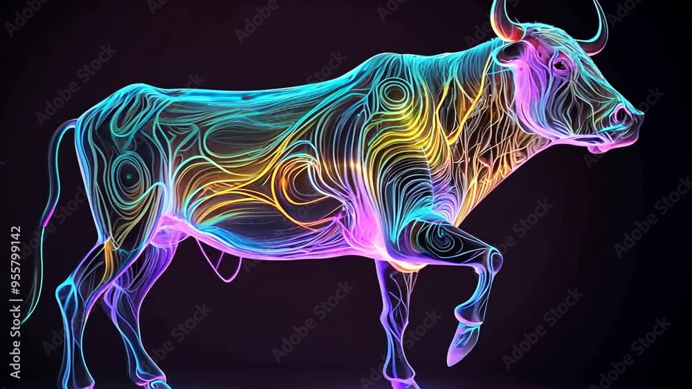 Vibrant Neon Outline of a Bull Illuminated Against a Dark Background Generative AI Vibrant Neon Outline of a Bull Illuminated Against a Dark Background Generative AI