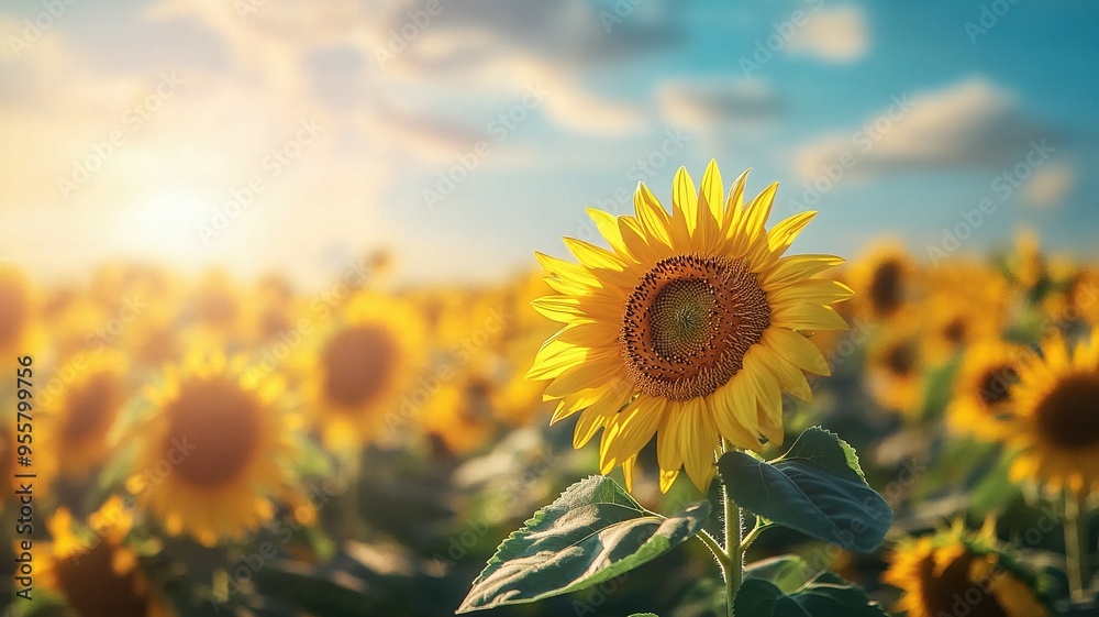 Fototapeta premium A Single Sunflower in a Field at Sunset
