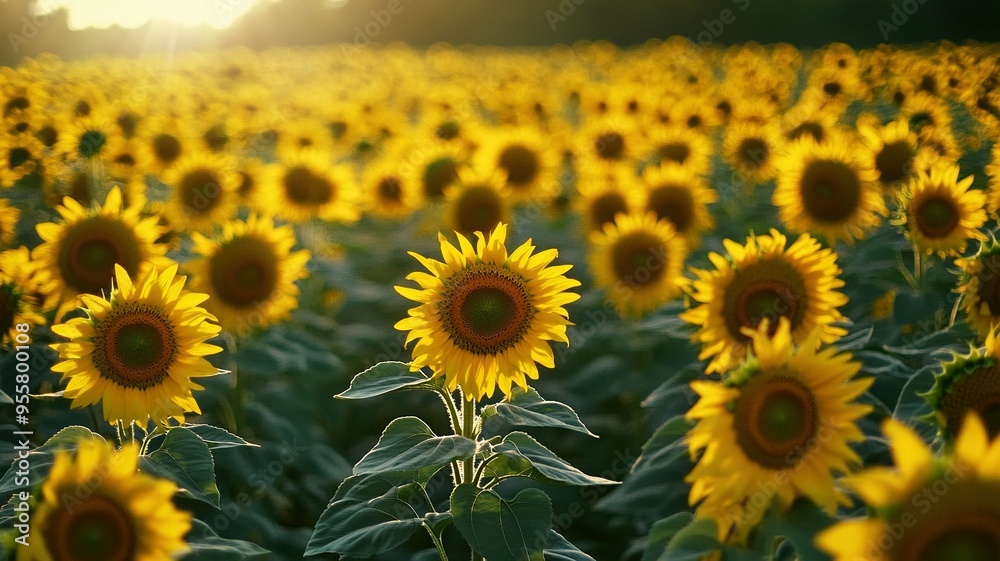 Fototapeta premium A Field of Sunflowers Bathed in Warm Sunlight