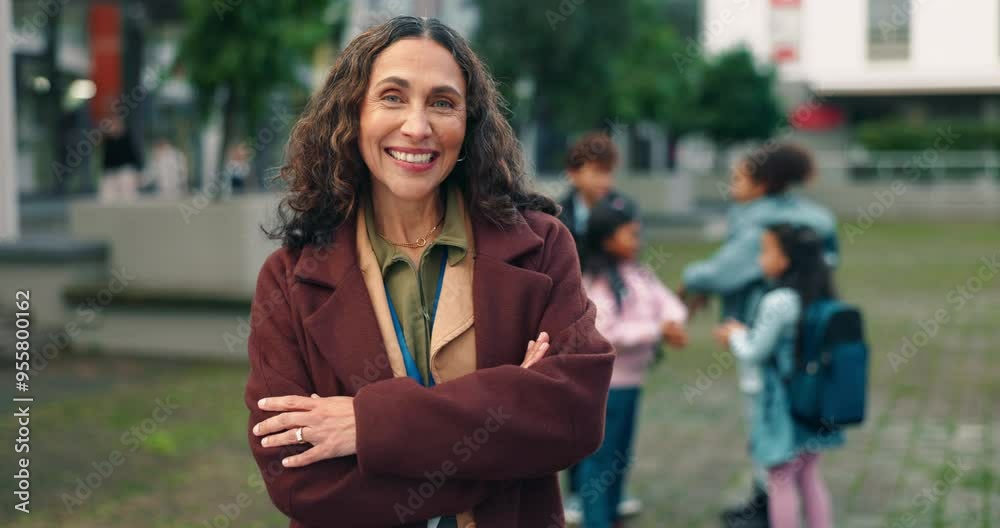 Teacher, portrait and confident on playground for education, learning or relationship development with kids. Educator, students or arms crossed at junior school for care, trust or childcare in Brazil