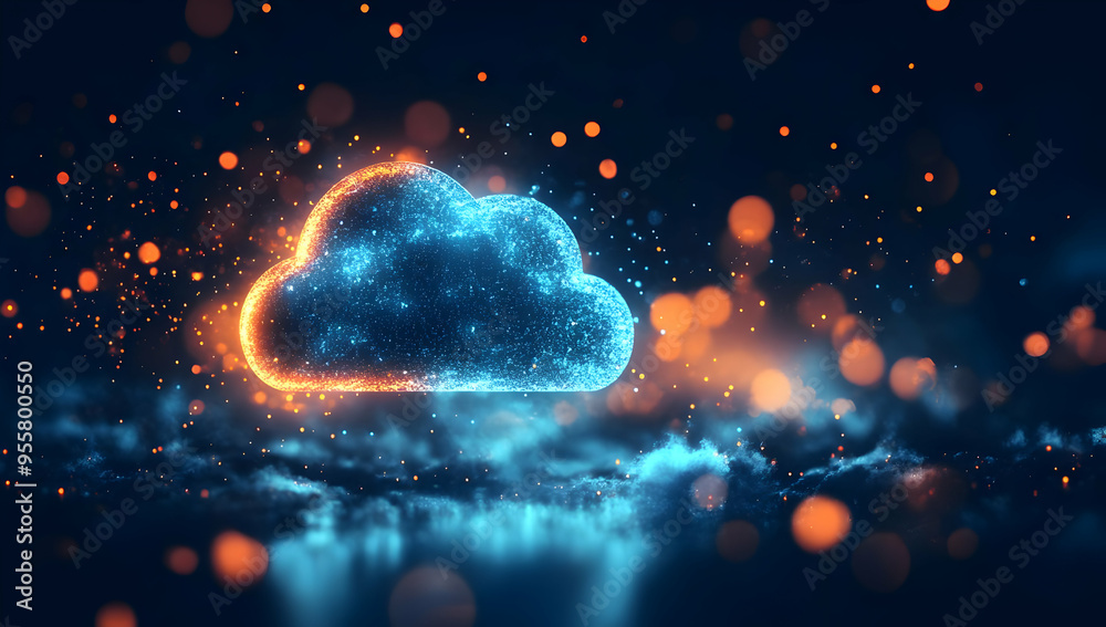 A vibrant digital cloud surrounded by sparkling particles, representing technology and innovation in a futuristic atmosphere. A vibrant digital cloud surrounded by sparkling particles, representing technology and innovation in a futuristic atmosphere.