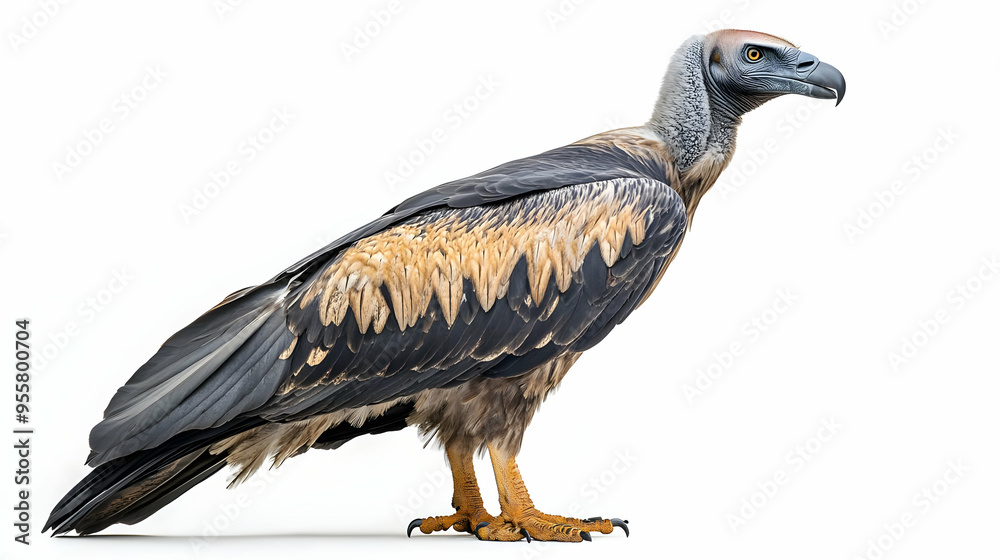 Obraz premium A majestic vulture exhibiting detailed feathers and a keen gaze, showcasing its impressive physique in a natural pose.