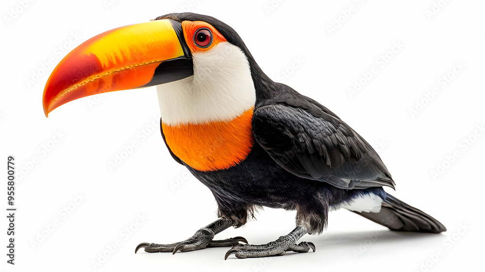 A vibrant toucan with a striking beak, showcasing its colorful features and standing gracefully against a neutral background. A vibrant toucan with a striking beak, showcasing its colorful features and standing gracefully against a neutral background.