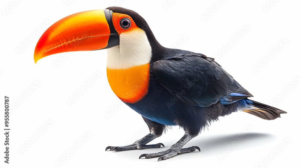 Naklejka premium A vibrant toucan bird showcasing its colorful beak and striking feathers, perfect for nature and wildlife themes.