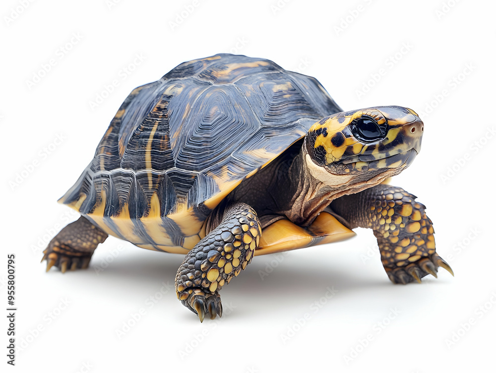 Obraz premium A close-up view of a vibrant turtle showcasing its unique shell patterns and colors, perfect for nature and wildlife themes.