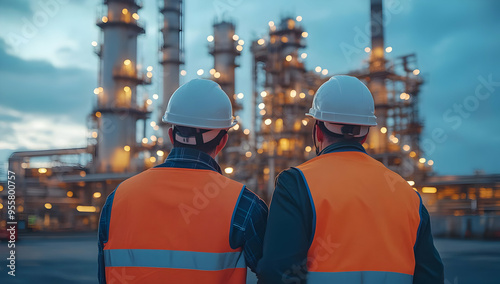 Workers in hard hats observe an industrial site at dusk, showcasing teamwork and safety in the oil and gas industry.