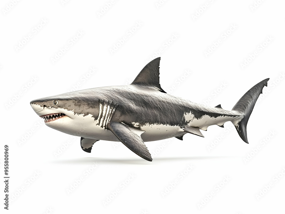 Naklejka premium Realistic representation of a great white shark swimming gracefully in clear waters.