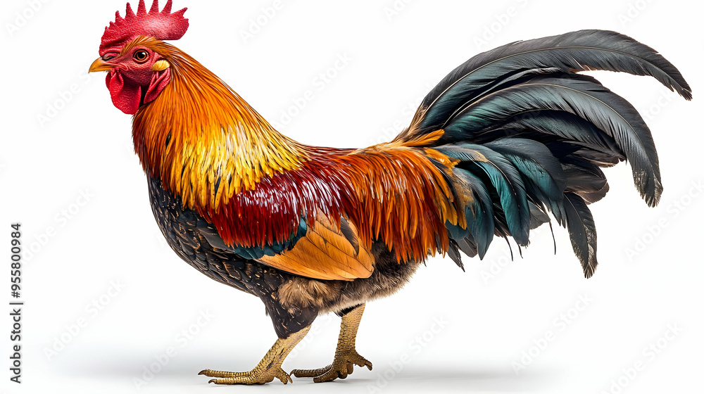 Fototapeta premium A vibrant rooster showcasing beautiful feathers and a proud stance, symbolizing farm life and nature's beauty.